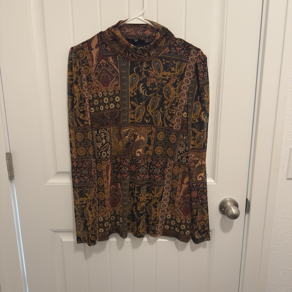 Jane & Delancey Women's Black Brown Paisley Blouse Long Sleeve Mock Neck Size L